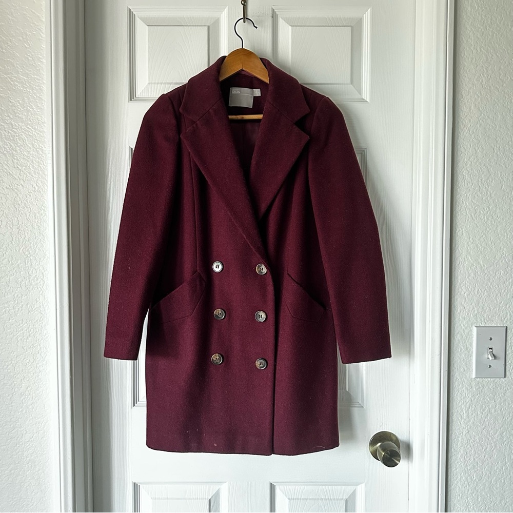 ASOS double breasted wool coat in burgundy